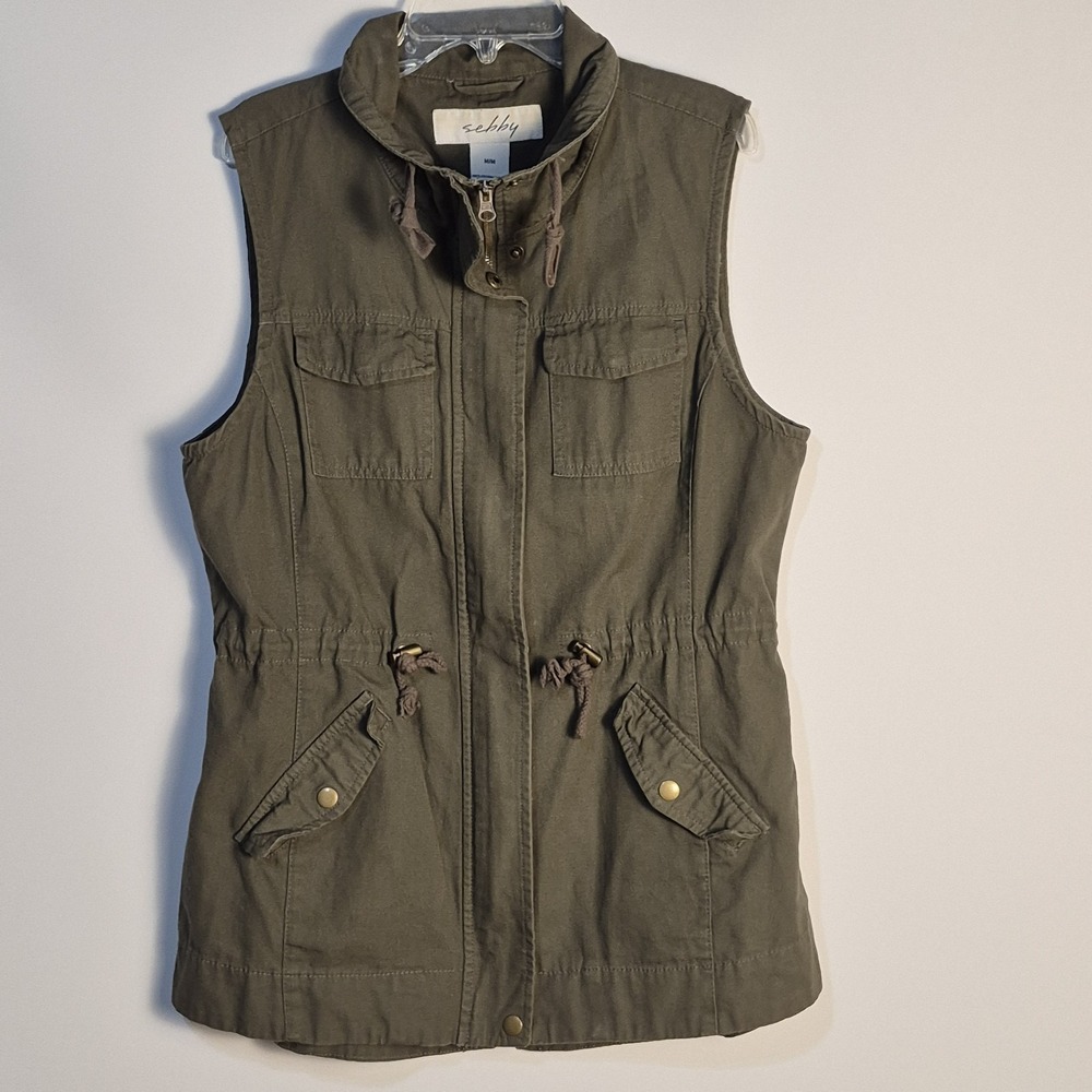 Sebby M Olive Green Utility Vest  Elastic Waist 100% Cotton Full Zip Pockets